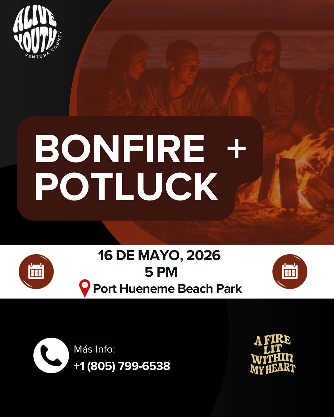 Bonfire + Potluck — Alive Youth · 16 de mayo 2026 · 5PM · Port Hueneme Beach Park